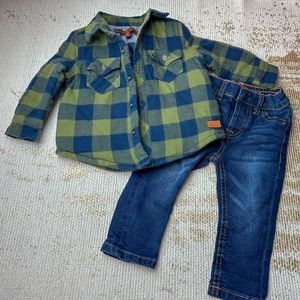 7 FOR ALL MANKIND Baby Boy Green & Blue Shacket & Jeans Outfit Set | Size 12M